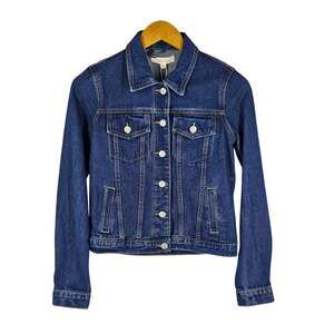 BRIT.NY WOMEN'S BLUE JEAN JACKET W/ SEWN ART CHAIN DESIGN PATCH ON BACK SIZE XS